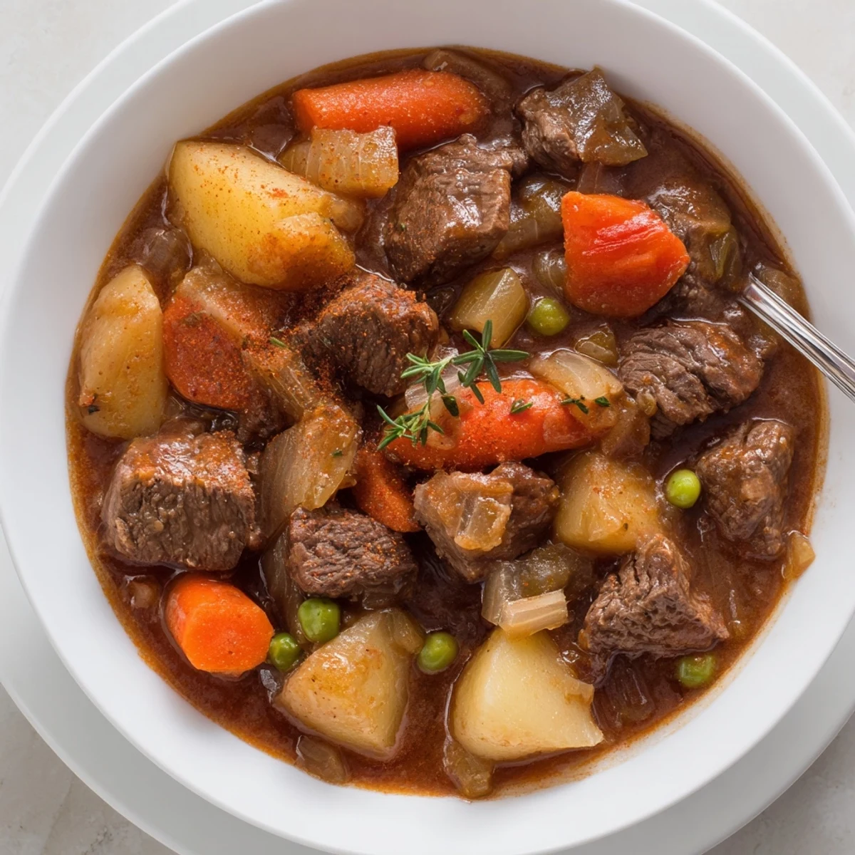 Creamy mashed potatoes beside bowl of Beef Stew, savory broth glistening