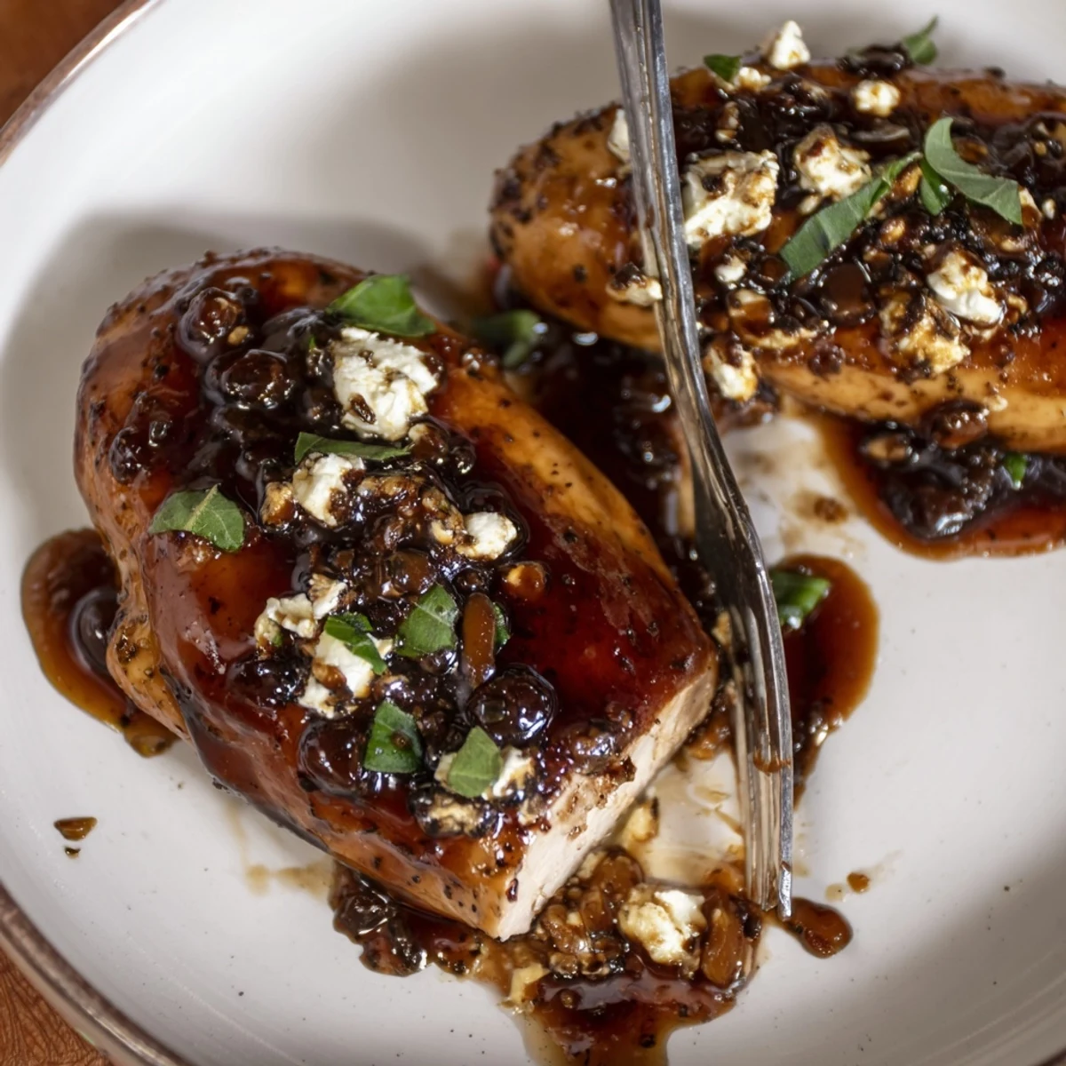 Sweet Tangy Balsamic Chicken with Goat Cheese & Basil, glossy balsamic glaze