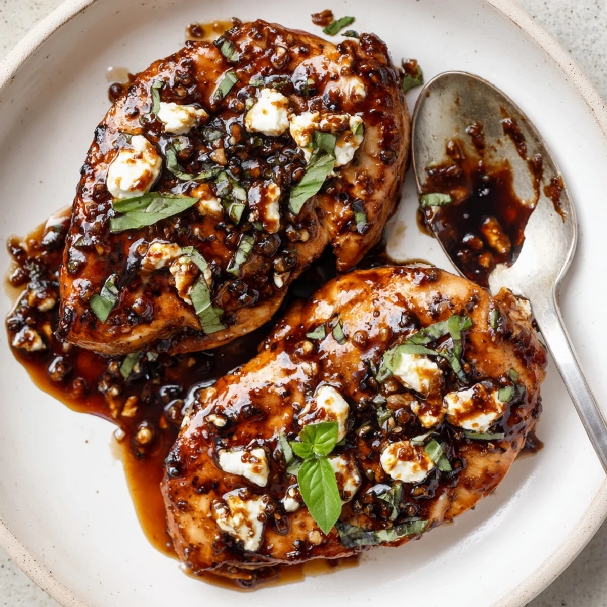 Oven-baked Sweet Tangy Balsamic Chicken with Goat Cheese & Basil, melty cheese