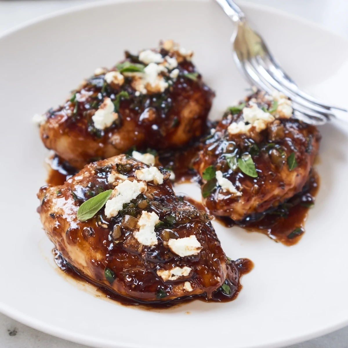 Glossy roasted breasts drizzled, Sweet Tangy Balsamic Chicken with Goat Cheese & Basil