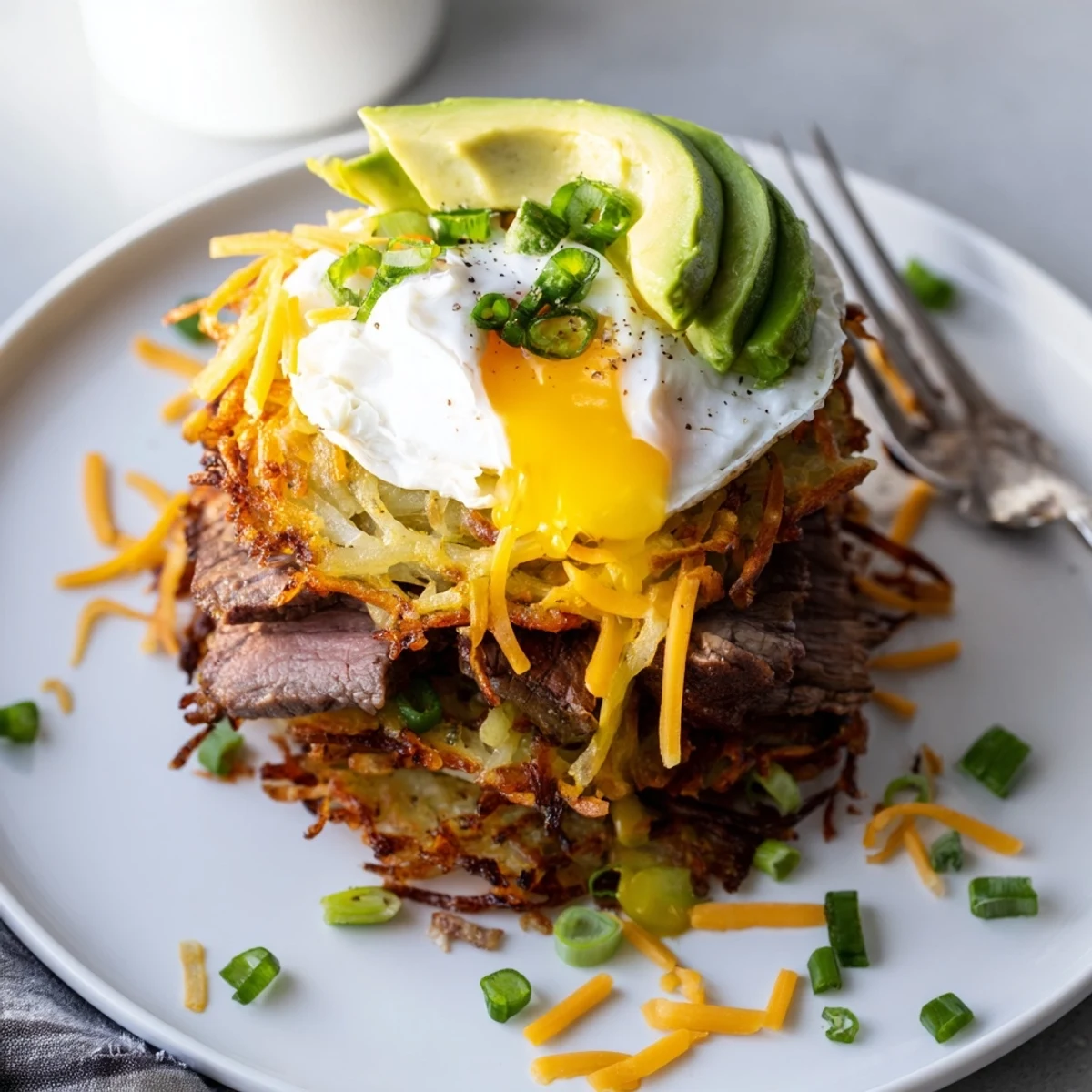 Crisp golden rounds layered with steak in Loaded Steak Egg Hash Brown Stacks Recipe