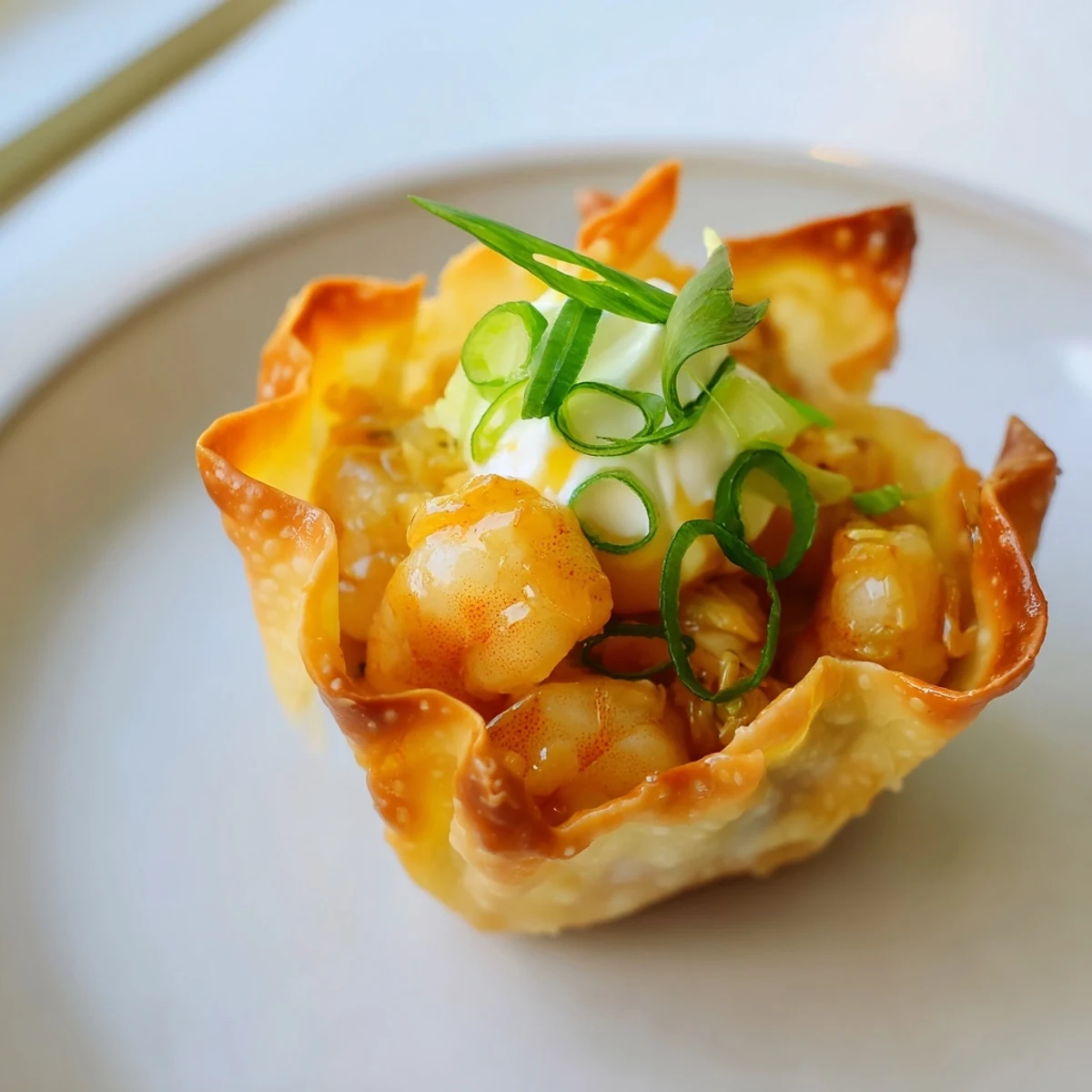 Crispy Shrimp Wonton Cups With Lime Cream, golden shells topped with cilantro  