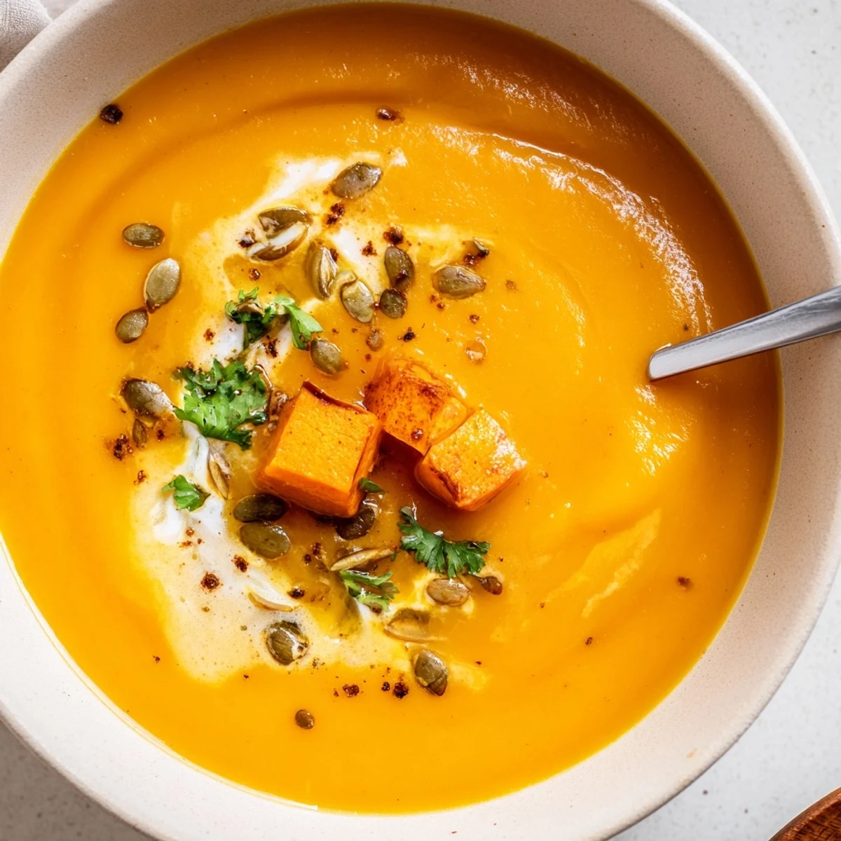 Velvety bowl of Pumpkin Soup swirled with coconut milk, served with bread