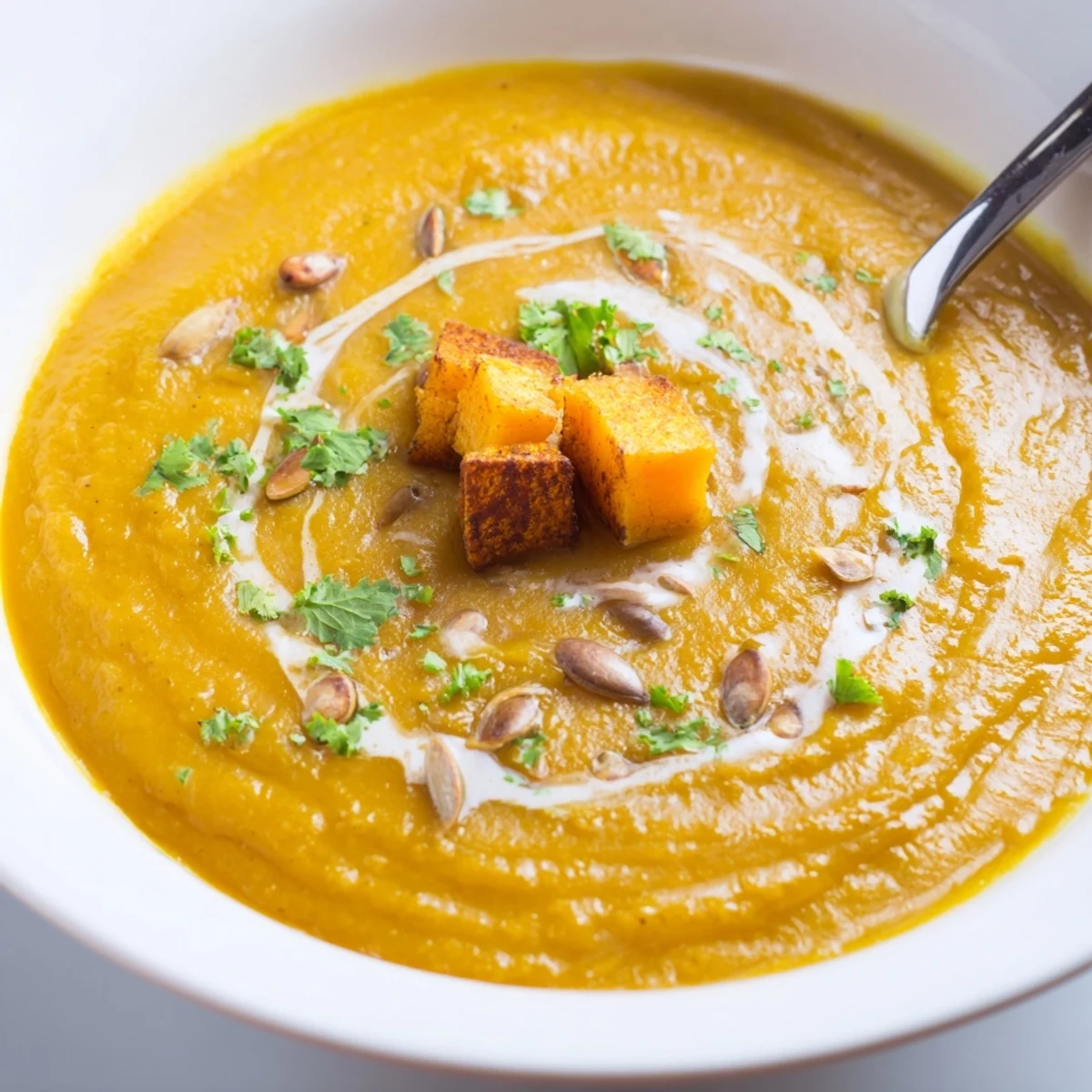 Creamy Pumpkin Soup steaming in a bowl, garnished with roasted seeds