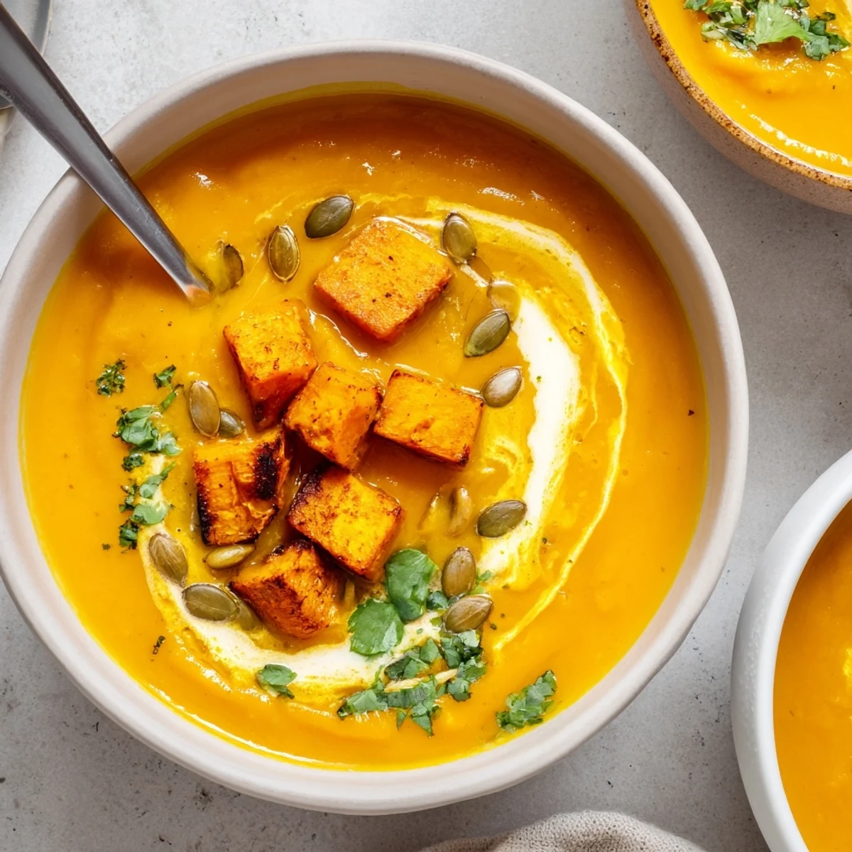 Pumpkin Soup roasted with nutmeg and cumin, perfect for chilly autumn evenings