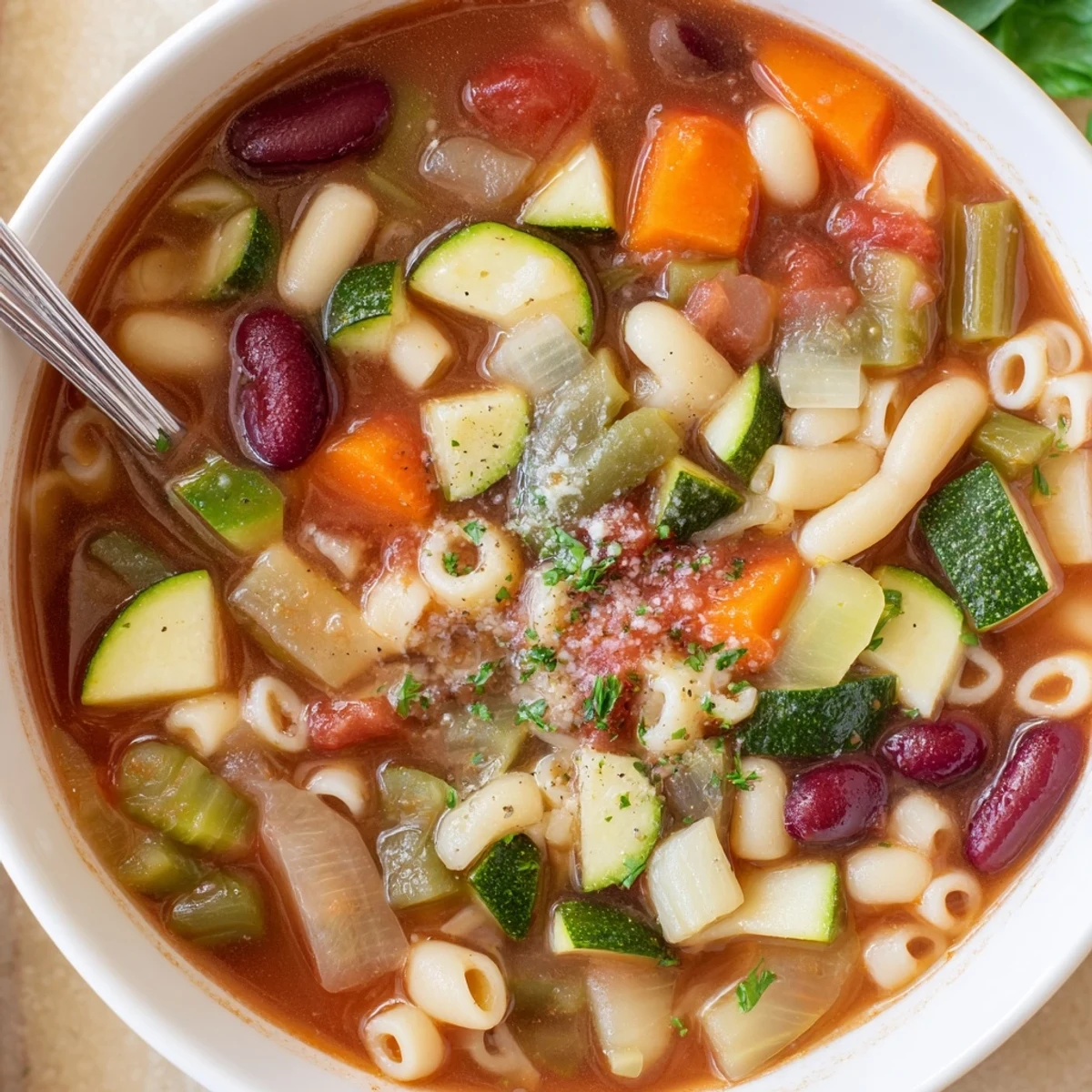 Hearty Minestrone Soup ladled over pasta, fragrant tomato broth and herbs  