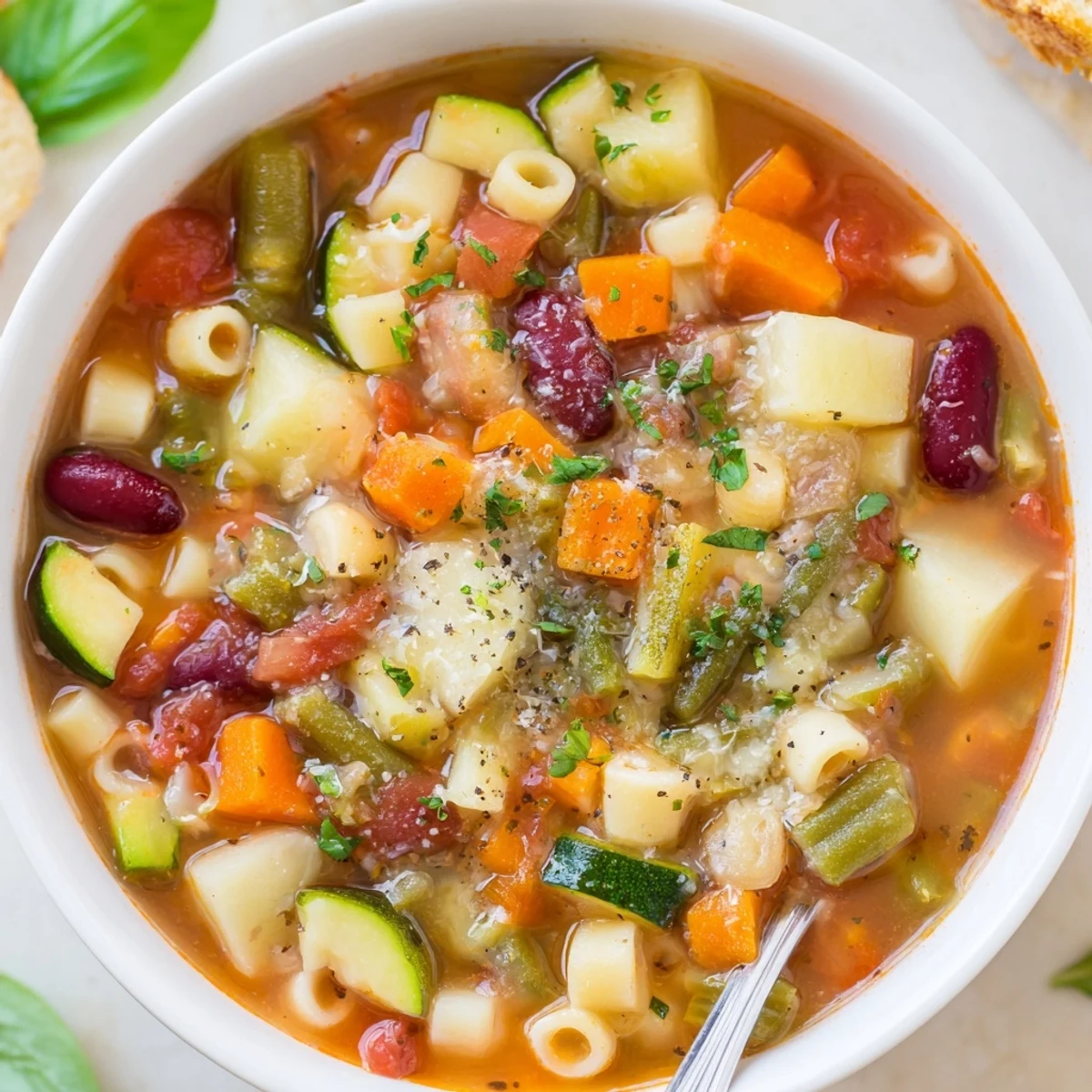 Minestrone Soup steaming in a rustic bowl, chunky vegetables and beans  