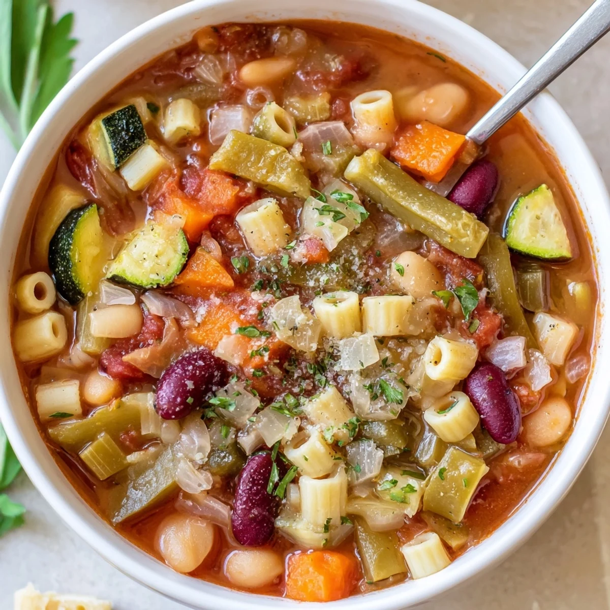 Warm bowl of Minestrone Soup garnished with parsley, Parmesan optional