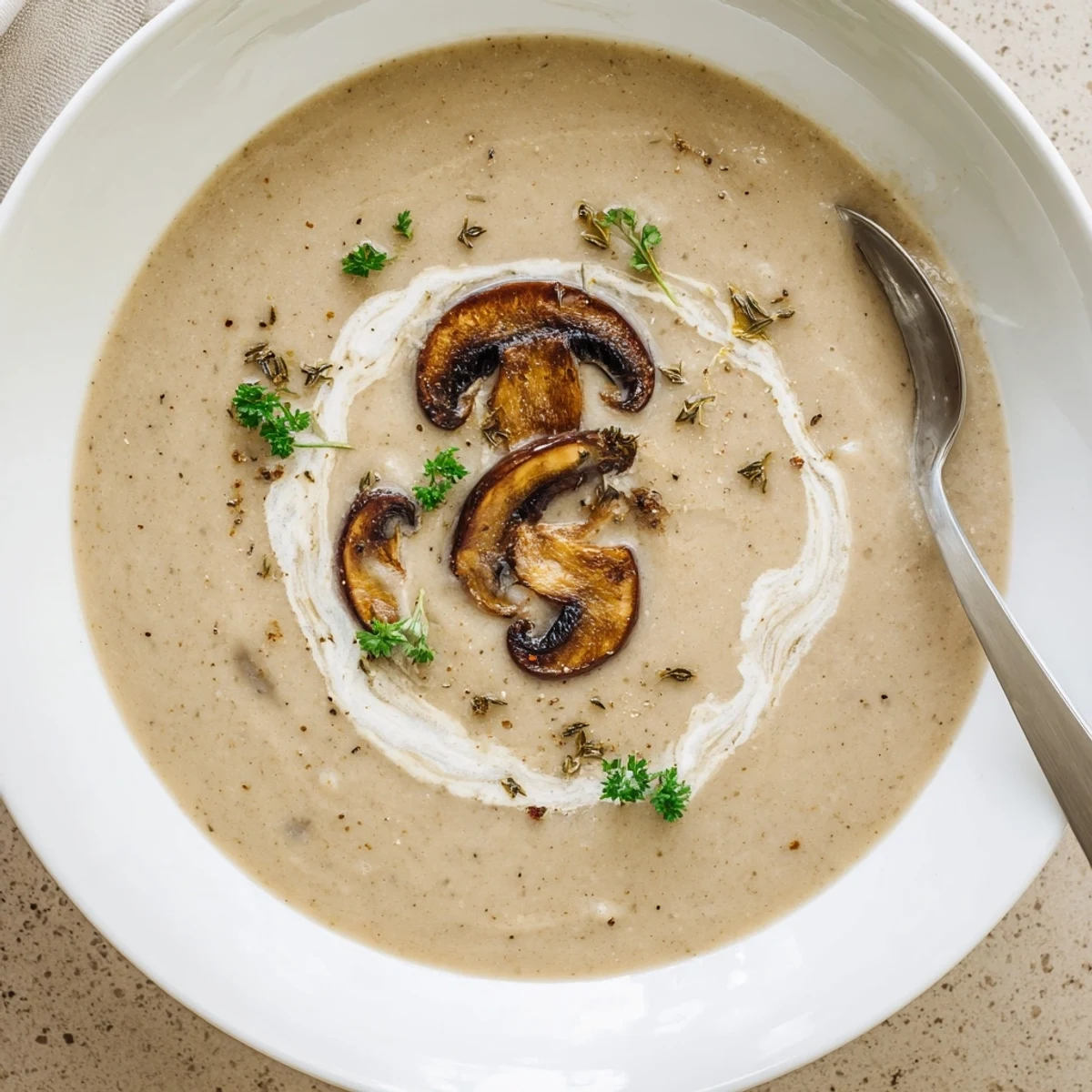 Steaming bowl of creamy Mushroom Soup with parsley, earthy mushroom aroma