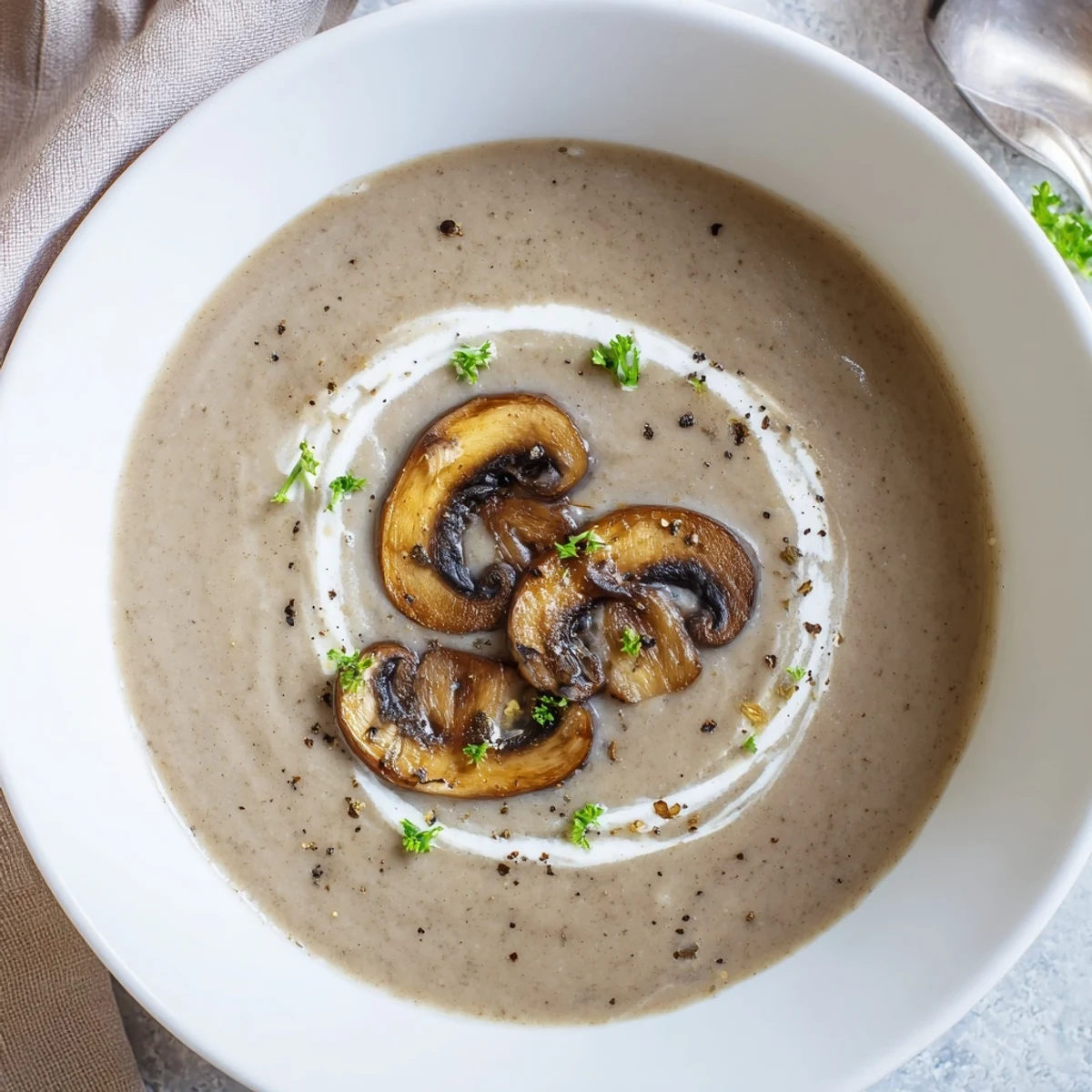 Ladle pouring hearty Mushroom Soup over crusty bread, warm and comforting