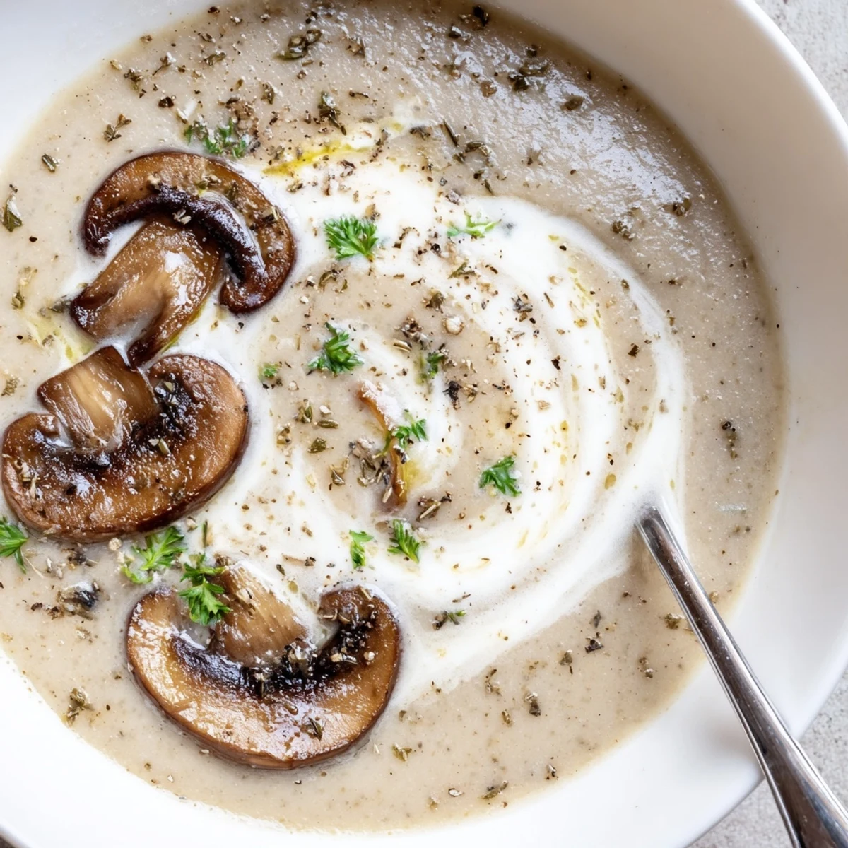 Rustic bowl of silky Mushroom Soup, browned mushrooms and garlic scent