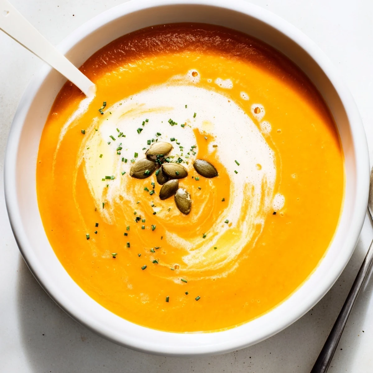 Creamy Carrot Soup steaming in bowl, garnished with chives and parsley