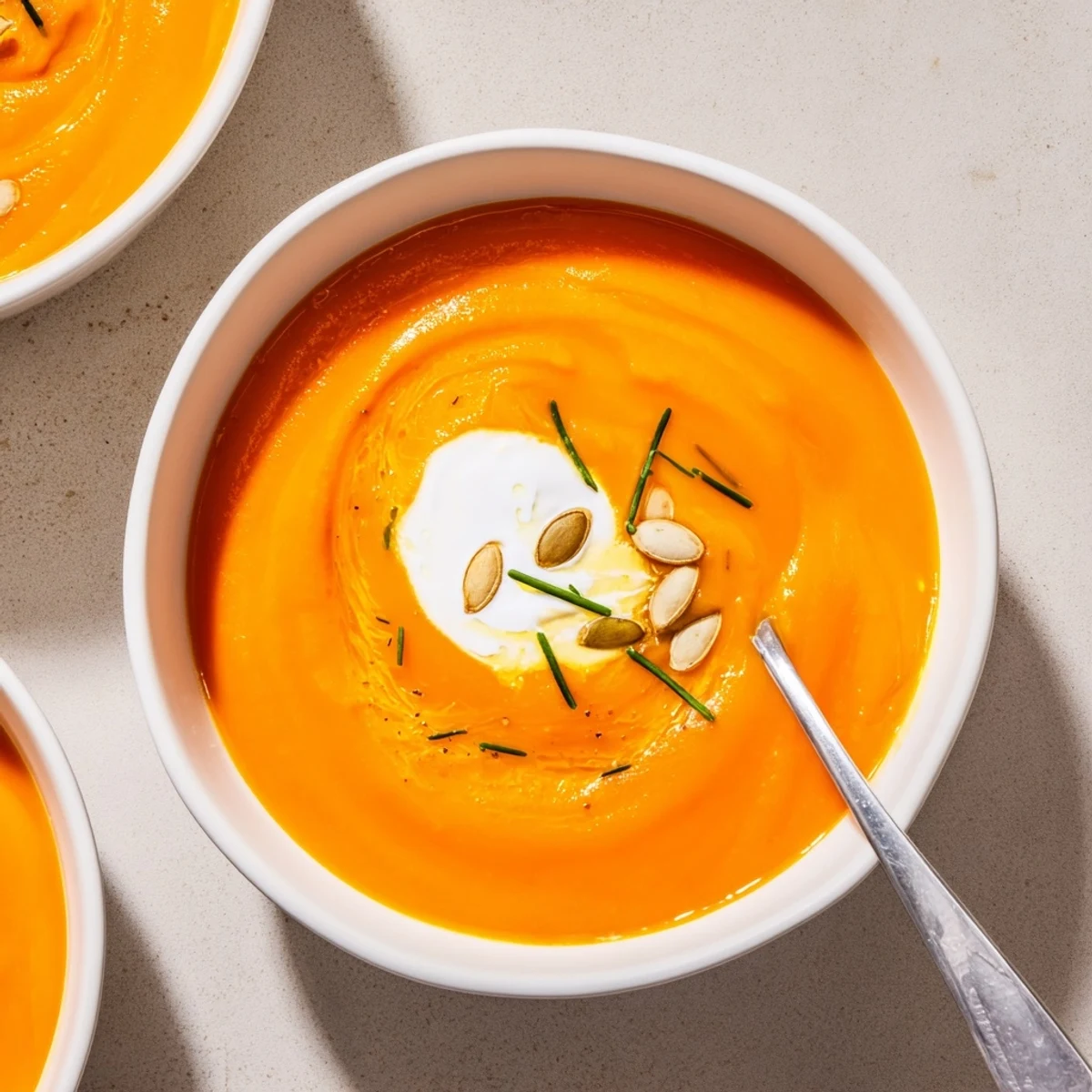 Bright orange Carrot Soup pureed smooth, topped with yogurt swirl and seeds