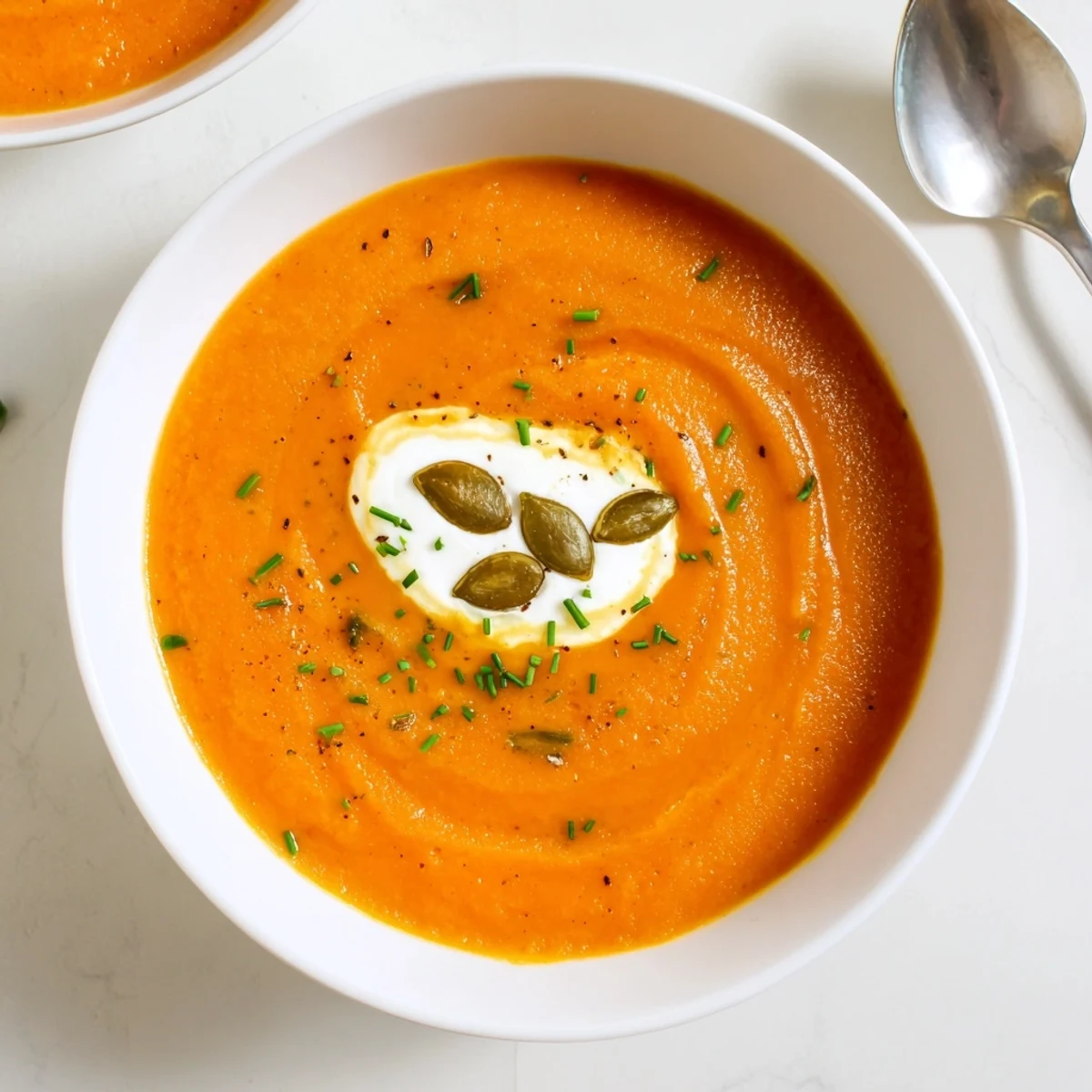 Velvety Carrot Soup with warm cumin aroma, served alongside crusty bread
