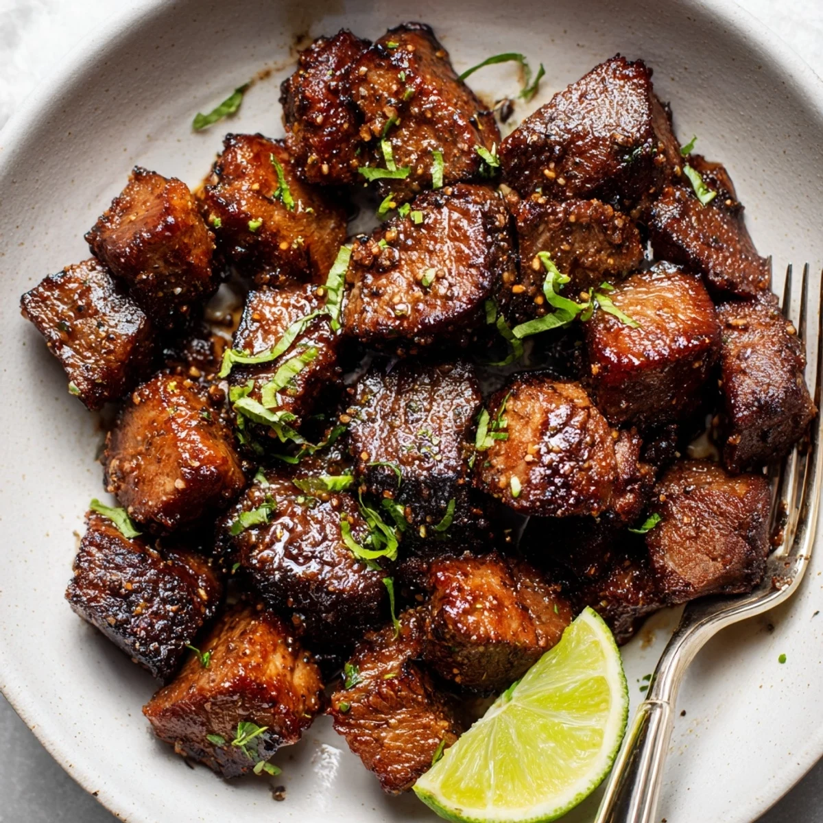 Sweet Spicy Jerk Style Beef Bites glistening with caramelized edges and lime