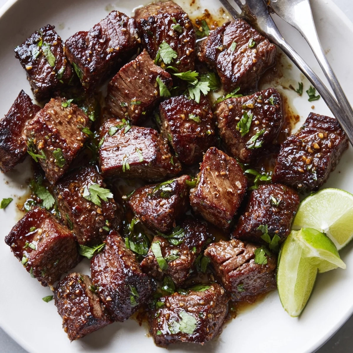 Sweet Spicy Jerk Style Beef Bites piled on a platter, cilantro sprinkled