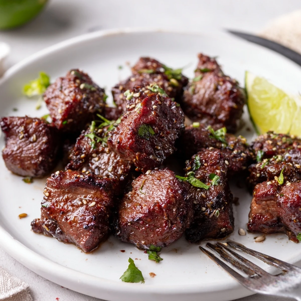 Sweet Spicy Jerk Style Beef Bites seared, smoky aroma, served alongside rice and peas