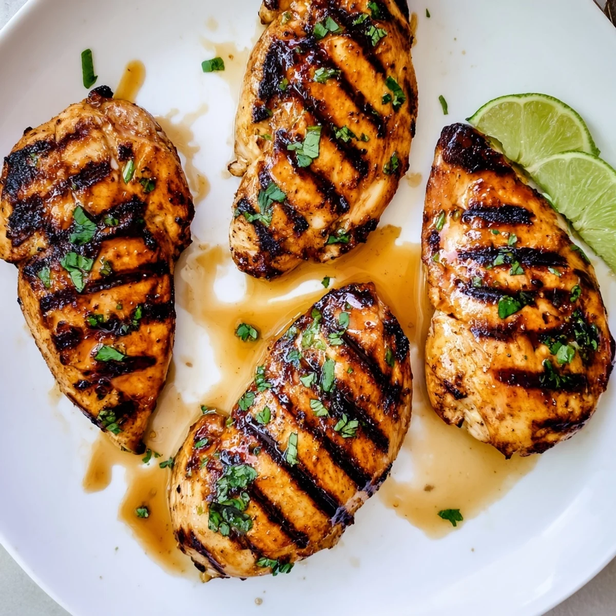 Key West Grilled Chicken With Tropical Citrus Marinade sizzling charred edges, bright lime wedges