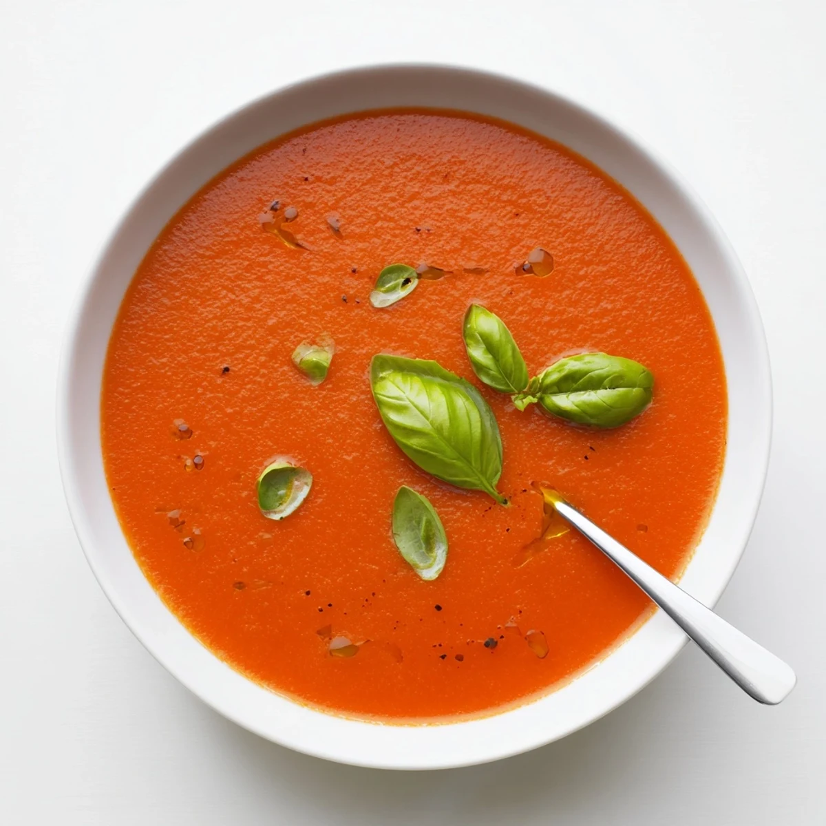 Creamy Tomato Soup steaming in a bowl, garnished with fresh basil