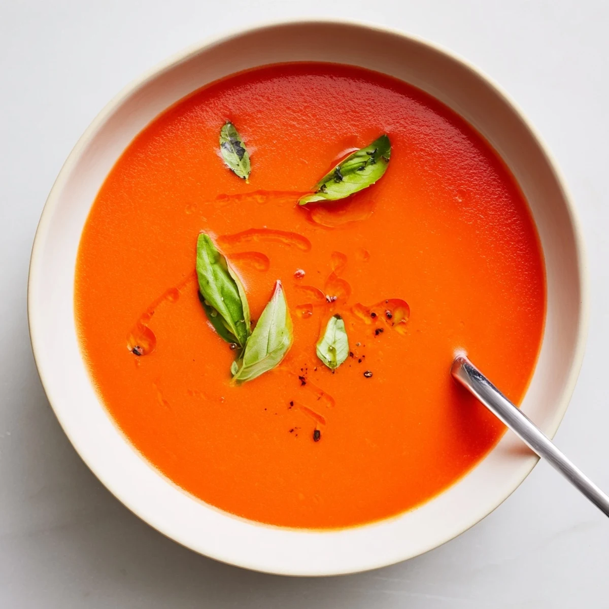 Rich Tomato Soup blended until silky, paired with crusty bread