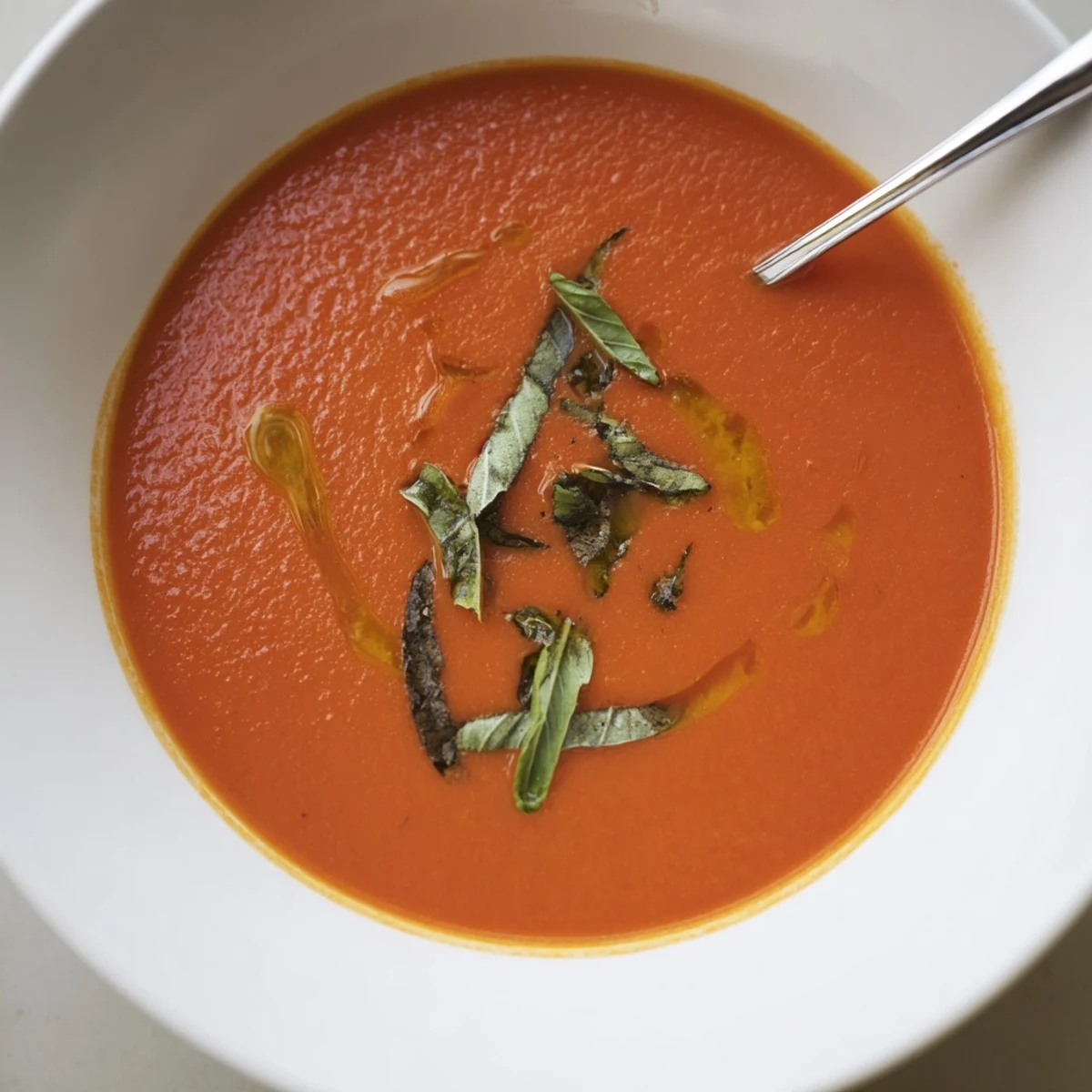 Warm Tomato Soup ladled from pot, silky texture and aromatic basil