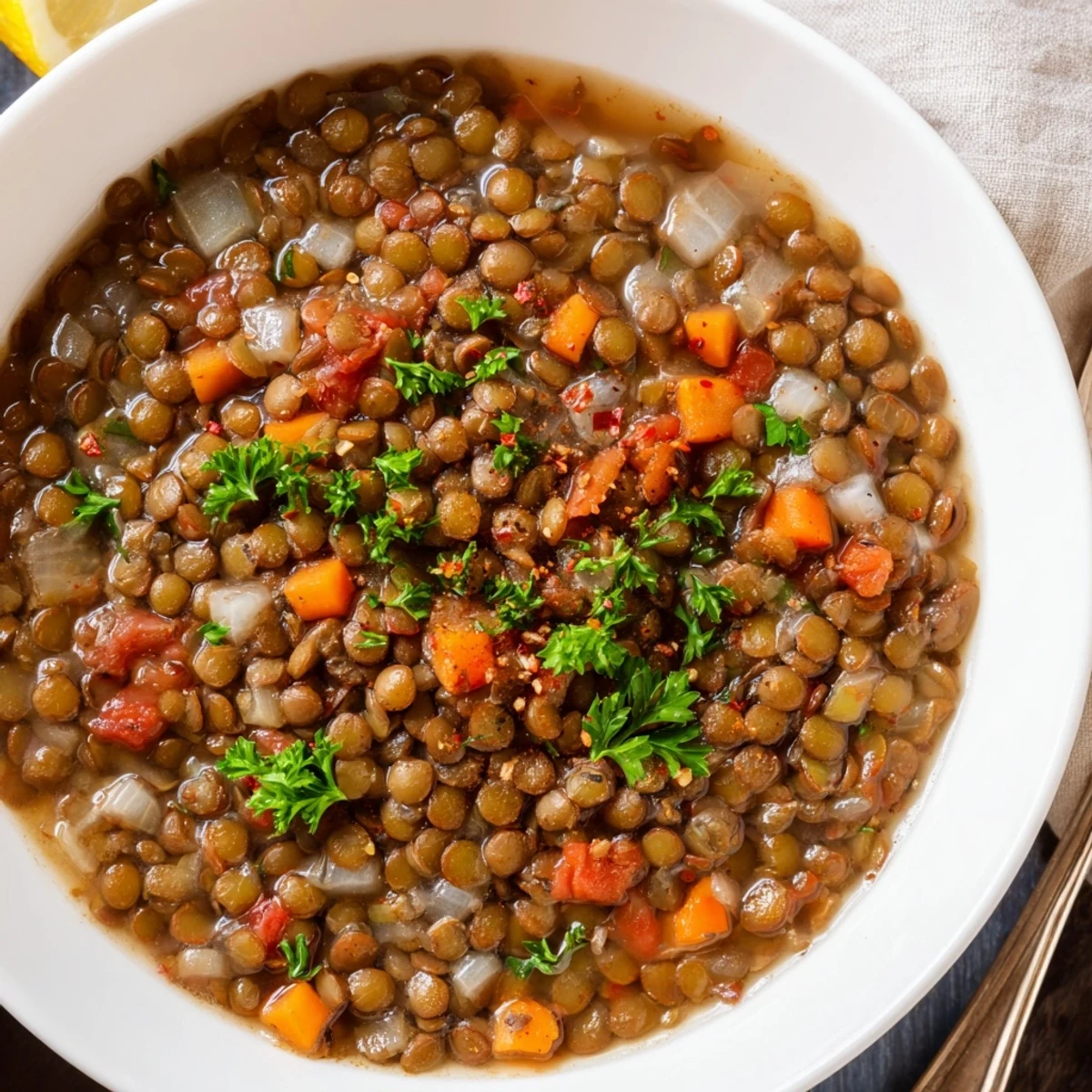 Lentil Soup steaming in a bowl, fragrant cumin and lemon brightening