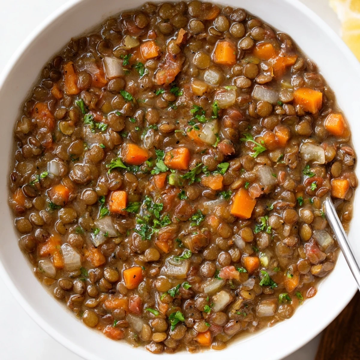 Hearty Lentil Soup ladled over rice with parsley garnish and crusty bread