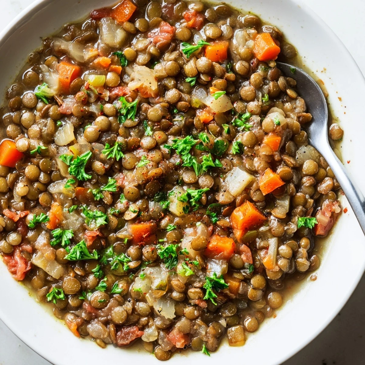 Creamy Lentil Soup glistening with olive oil, smoked paprika aroma, parsley