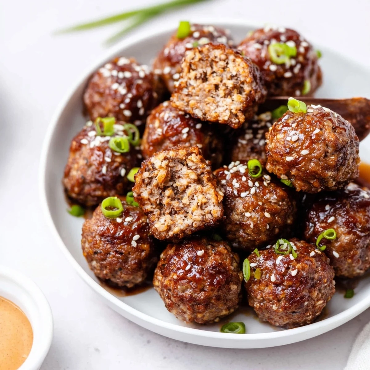 Plated Korean BBQ Meatballs With Spicy Mayo Dip next to steamed rice  