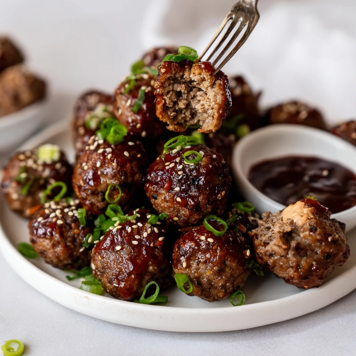 Handheld Korean BBQ Meatballs With Spicy Mayo Dip skewered, creamy mayo for dipping