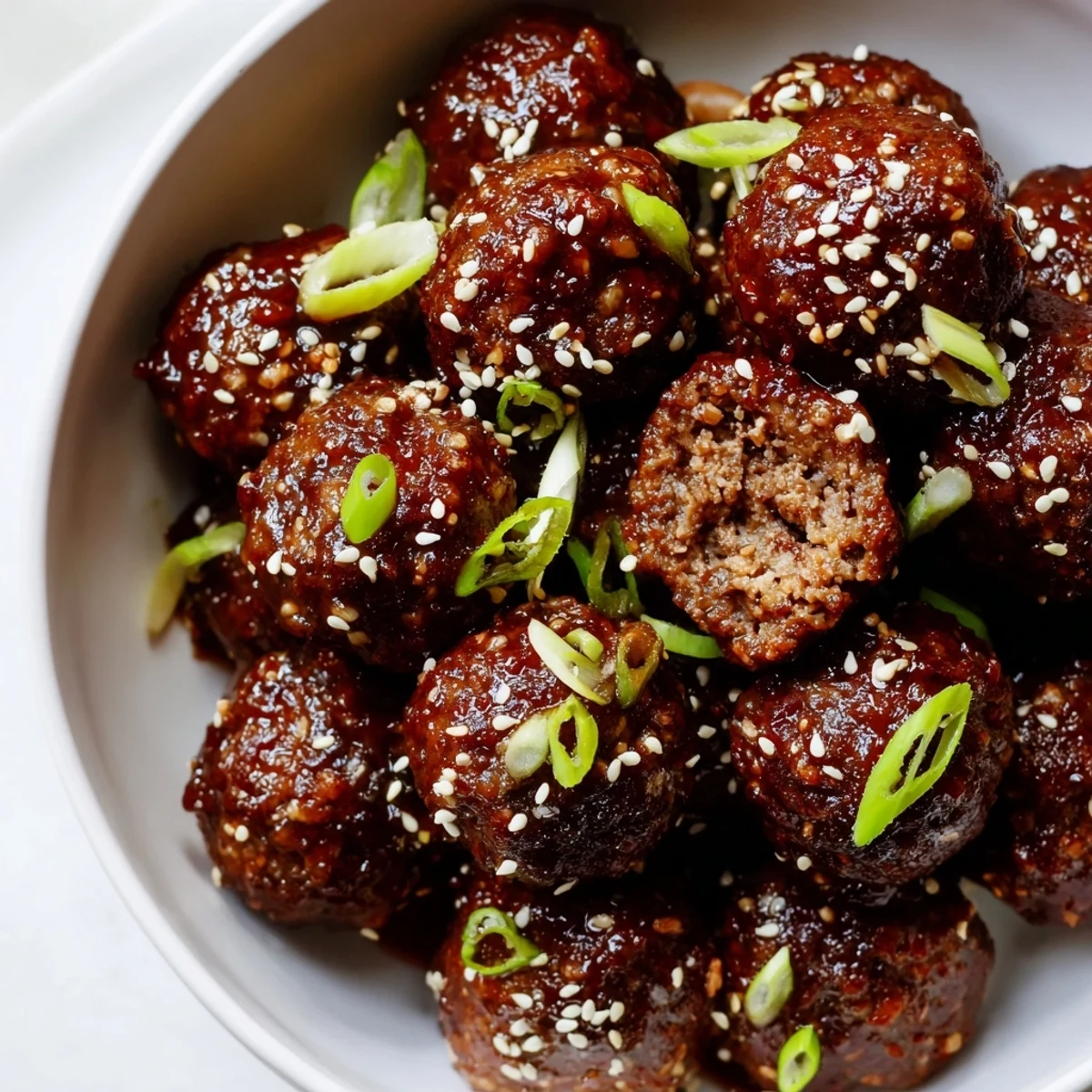 Korean BBQ Meatballs With Spicy Mayo Dip glistening with sesame seeds, served warm  