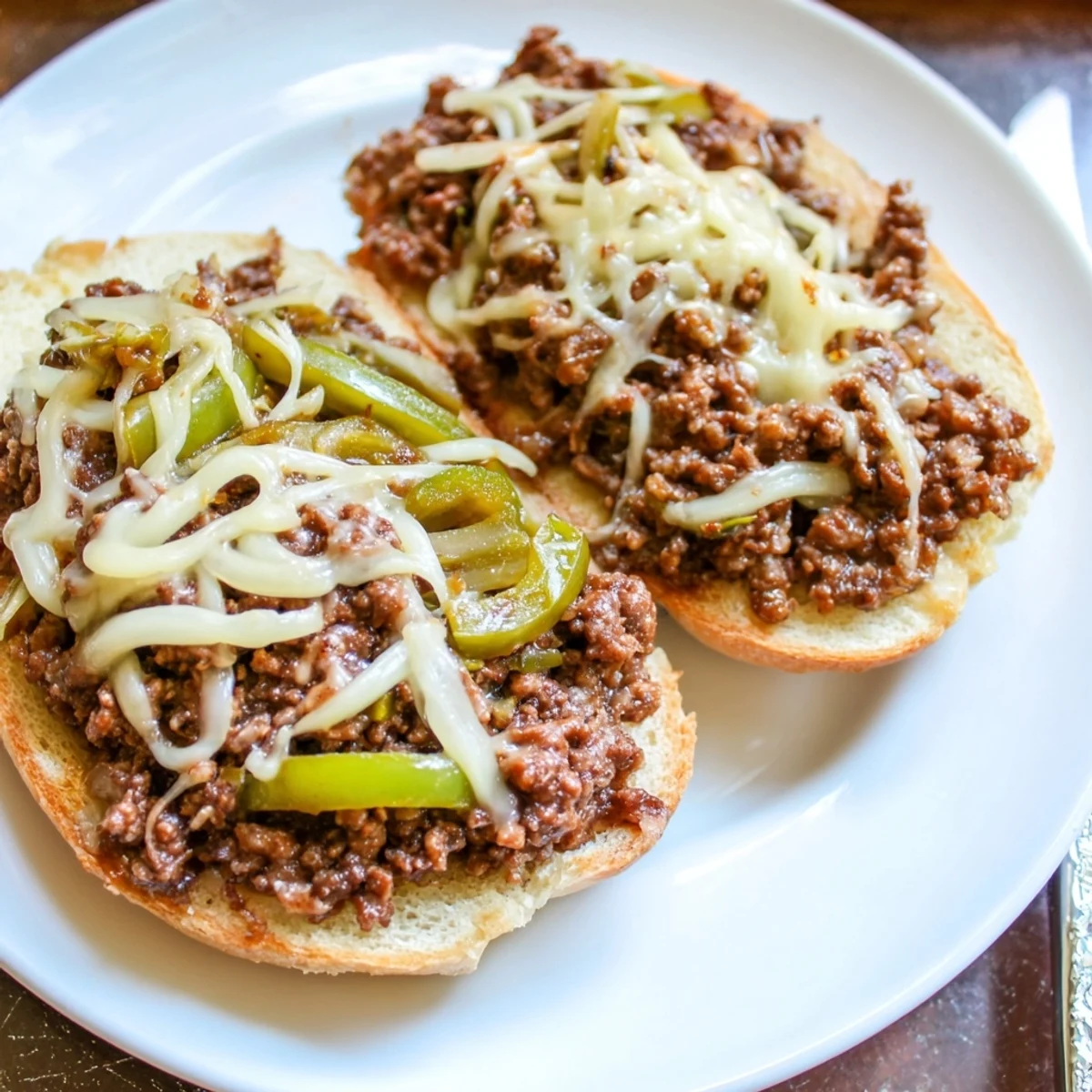 Ground Beef Philly Cheesesteaks piled on toasted hoagie rolls, melted provolone