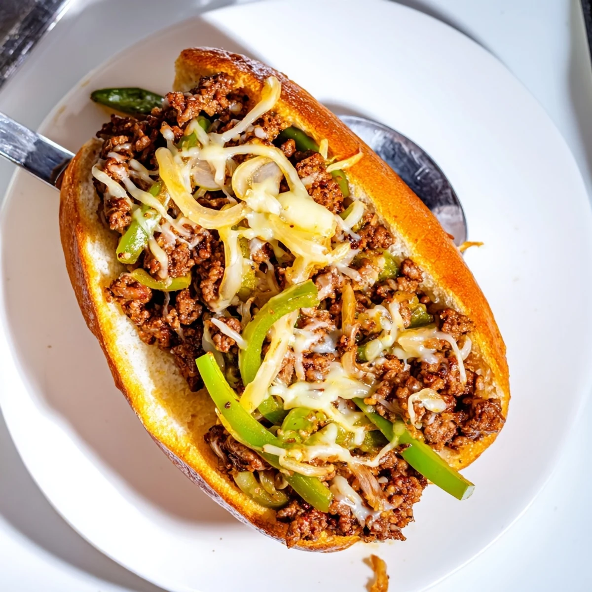 Sizzling Ground Beef Philly Cheesesteaks with sautéed peppers and onions, ready to eat