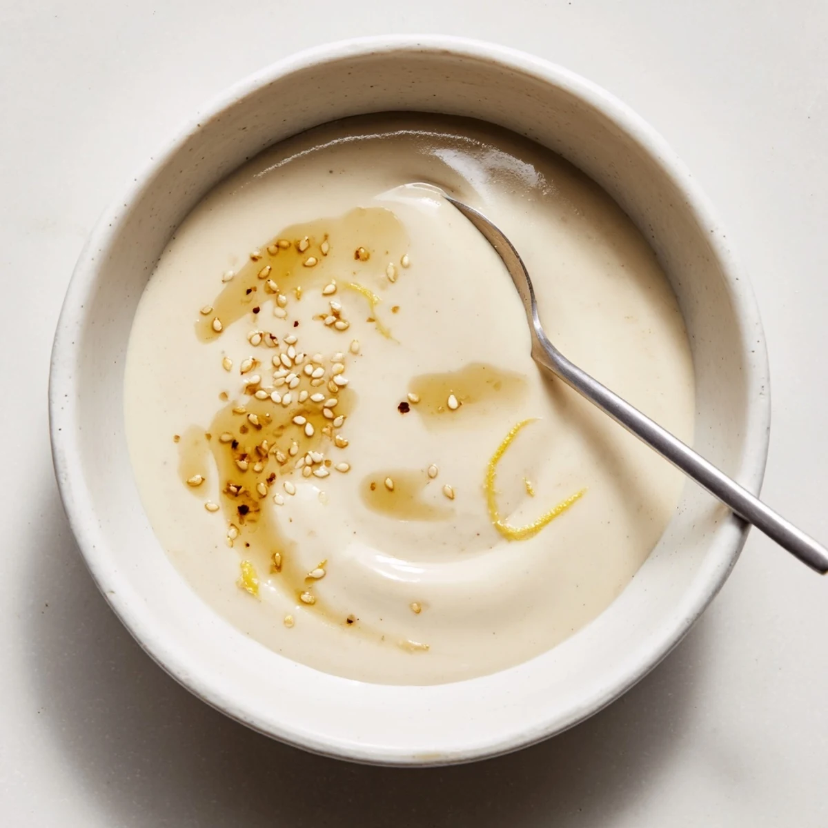 Jar of Creamy Sesame Dressing beside bowls, tangy-sweet, prominent sesame flavor, ready to pour