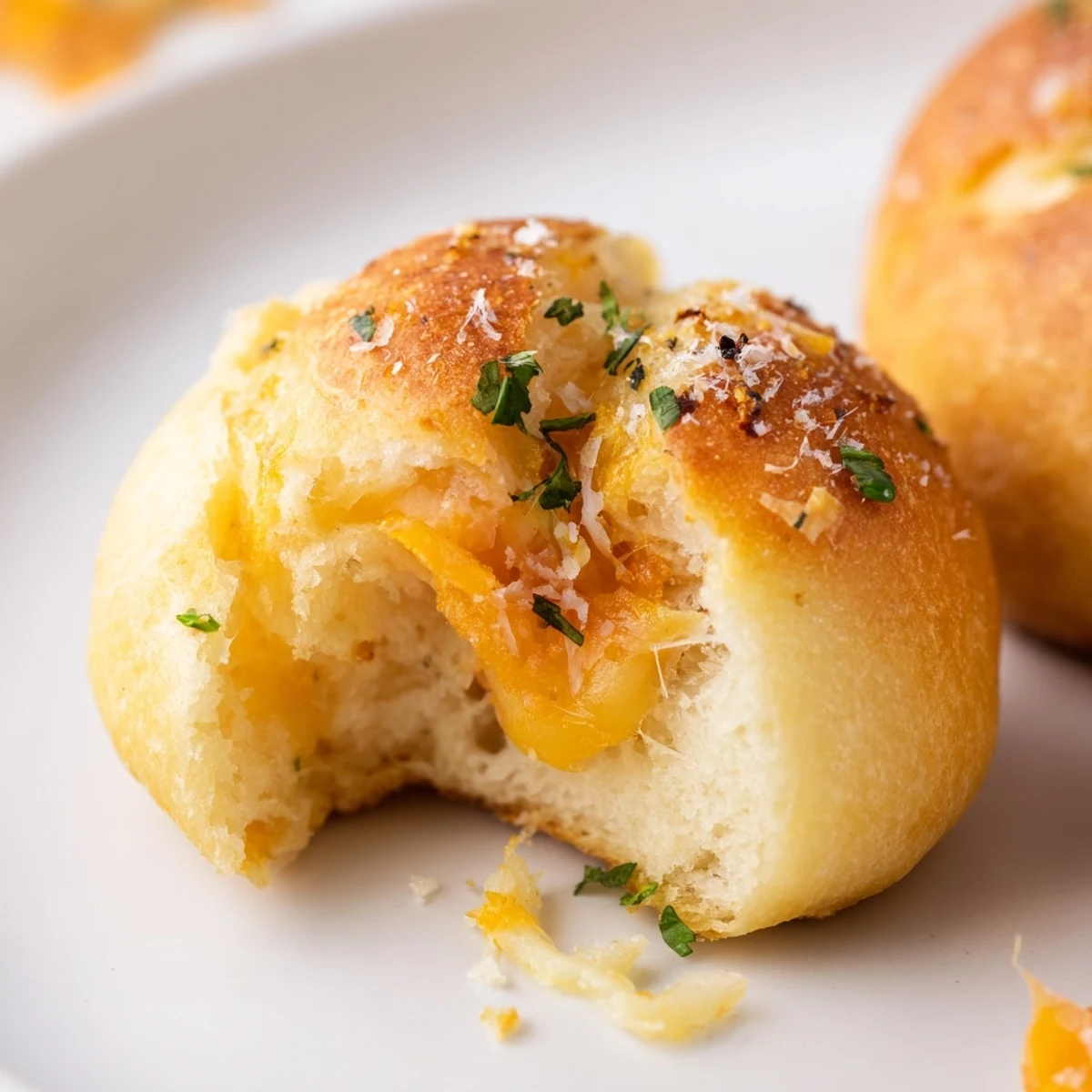 Warm Triple Cheese Garlic Stuffed Bread Bites brushed with melted herb butter