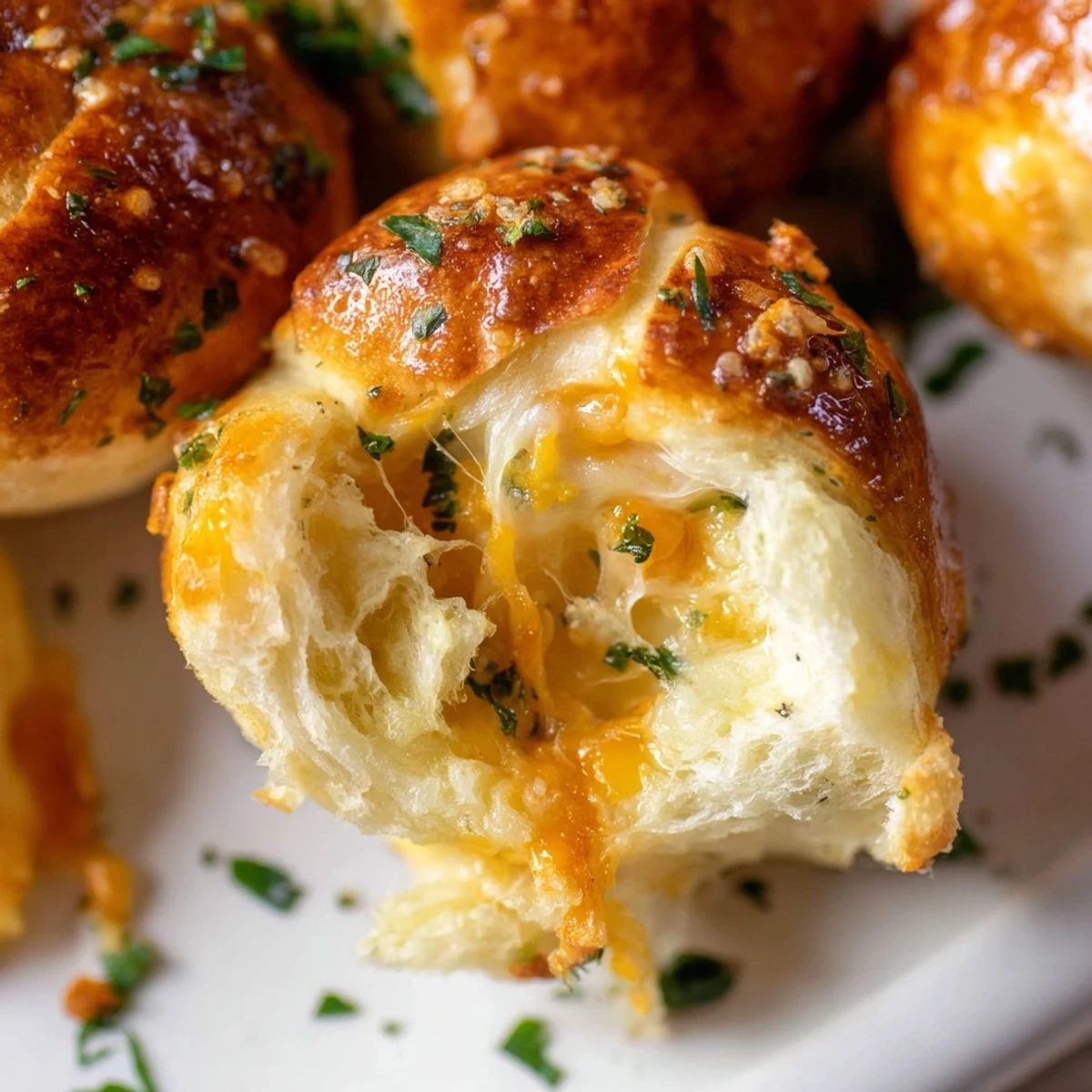 Golden brown Triple Cheese Garlic Stuffed Bread Bites oozing melted cheese when torn