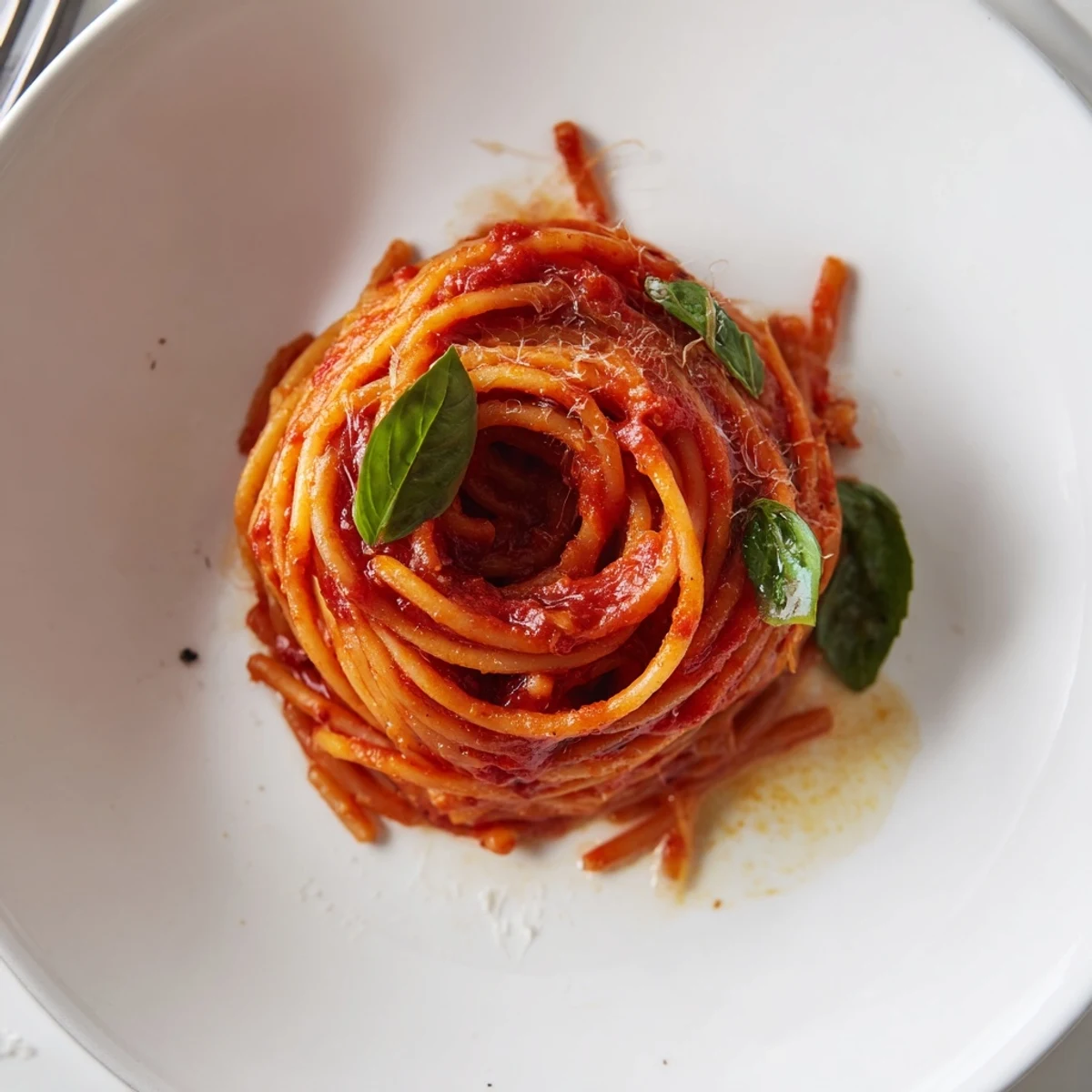 Pasta tossed in glossy tomato-basil sauce, sprinkled with melting Parmesan