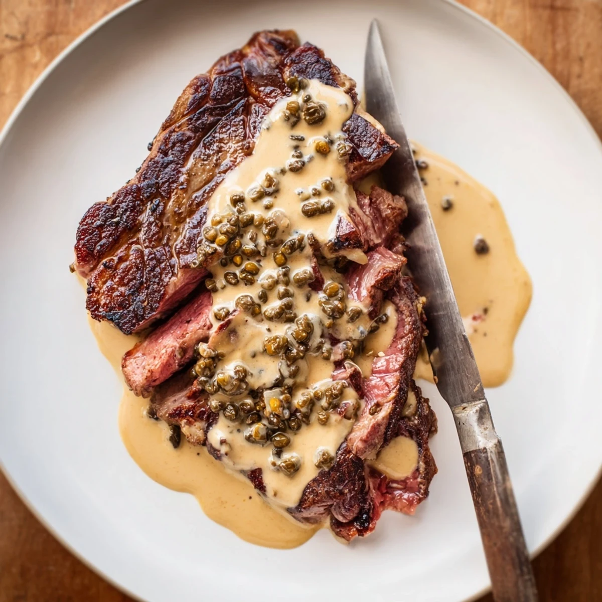 Seared filet mignon bathed in velvety sauce called Creamy Peppercorn Steak, plated