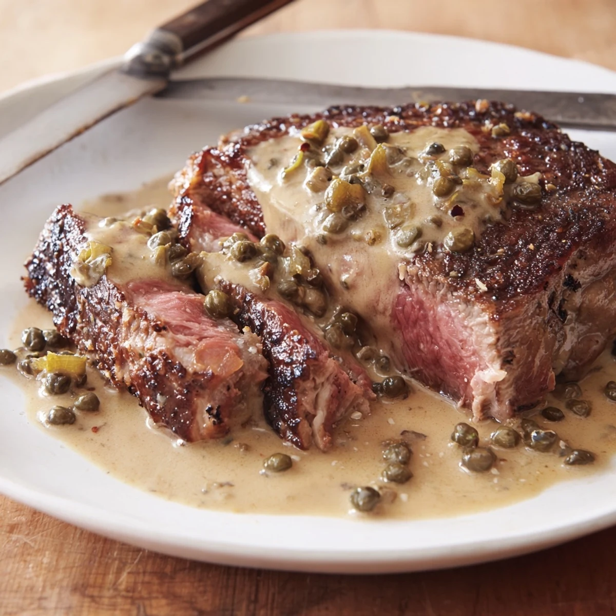 Creamy Peppercorn Steak resting on plate with silky sauce and mashed potatoes