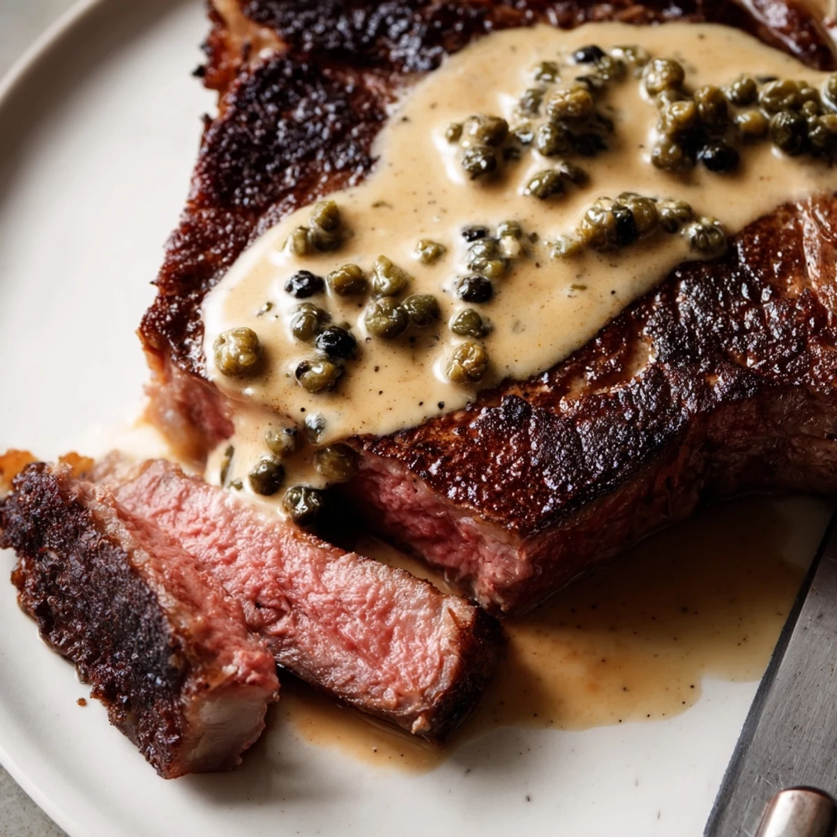 Juicy slices arranged beside fries and wine glass, Creamy Peppercorn Steak