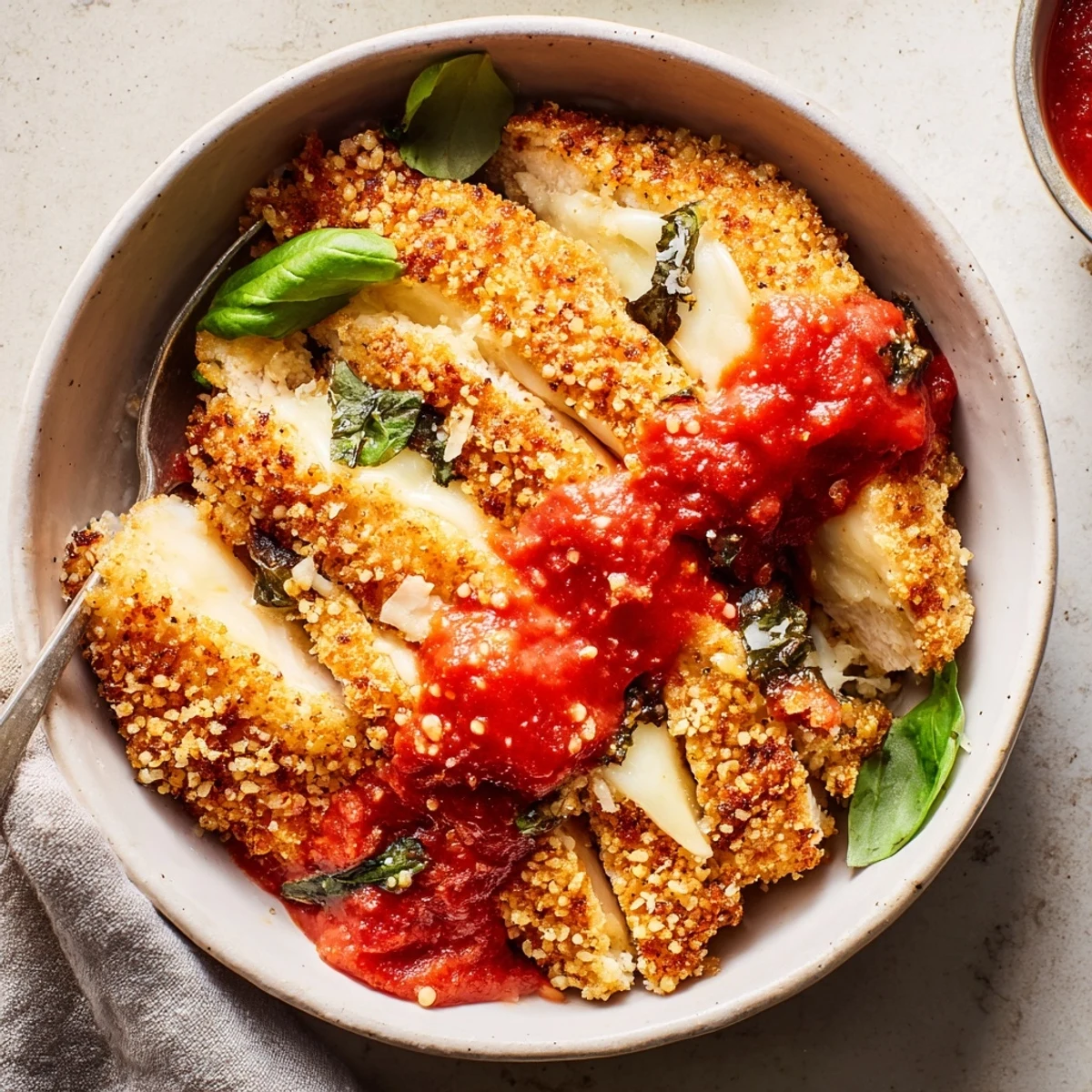 Super Yummy Cottage Cheese Chicken Parm Bowl with golden baked chicken, steaming marinara