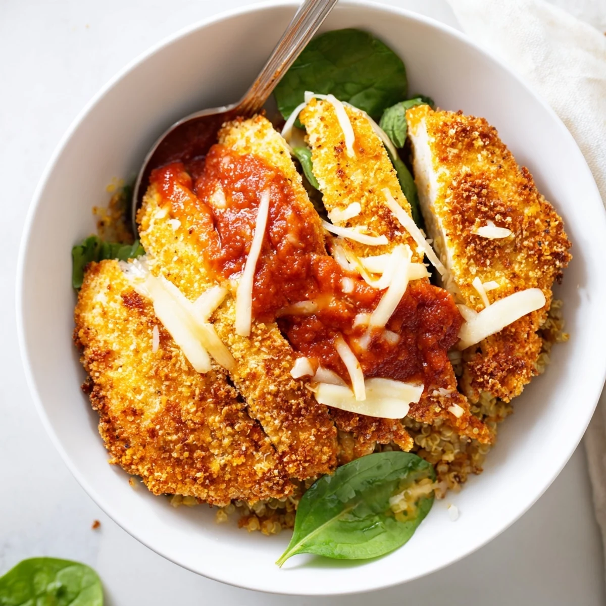 Warm Super Yummy Cottage Cheese Chicken Parm Bowl topped with melty mozzarella and basil