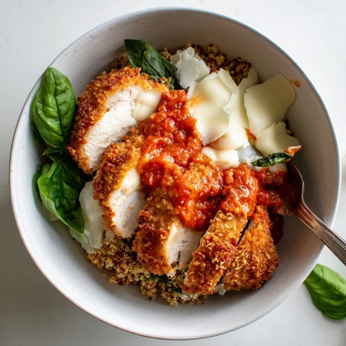 Super Yummy Cottage Cheese Chicken Parm Bowl showcasing sliced crispy chicken over quinoa