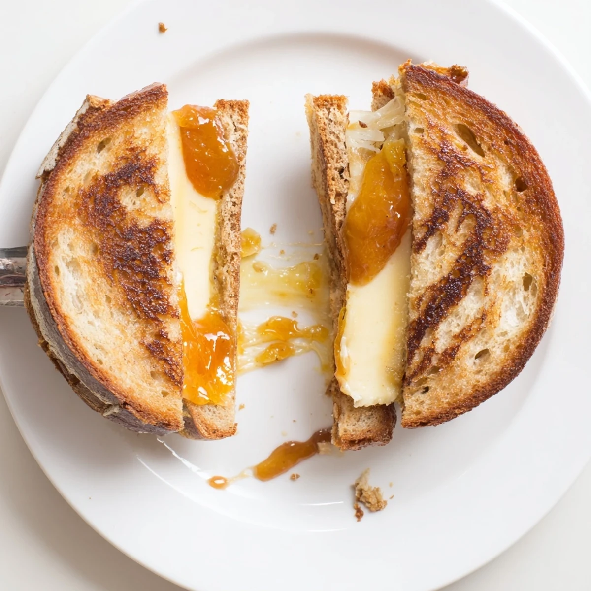 Sweet Savory Brie Grilled Cheese with Apricot Balsamic Drizzle, golden crust and gooey center