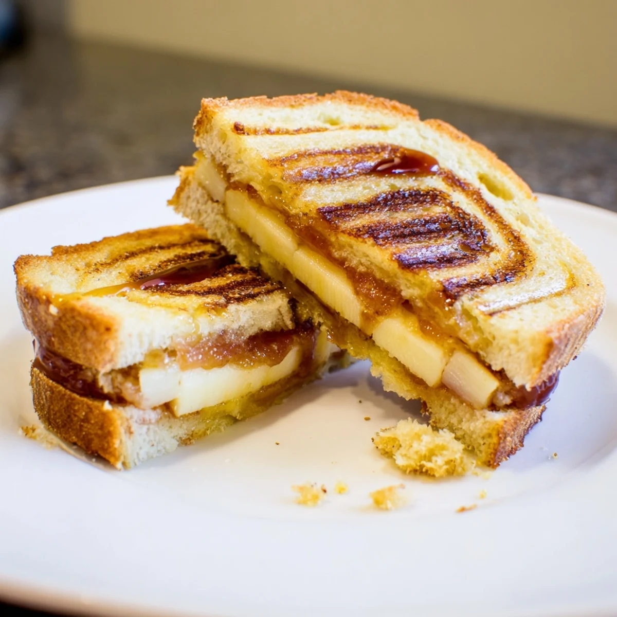 Sweet Savory Brie Grilled Cheese with Apricot Balsamic Drizzle, sliced, paired with peppery arugula