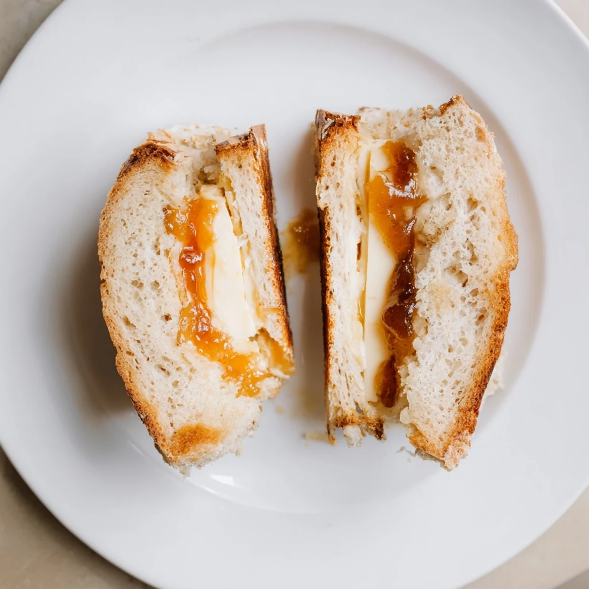 Sweet Savory Brie Grilled Cheese with Apricot Balsamic Drizzle, skillet-toasted, warm apricot sweetness