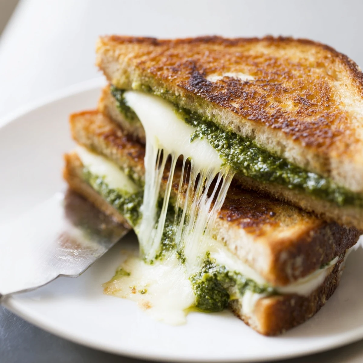 Sourdough Pesto Grilled Cheese with golden crust and melty cheese oozing