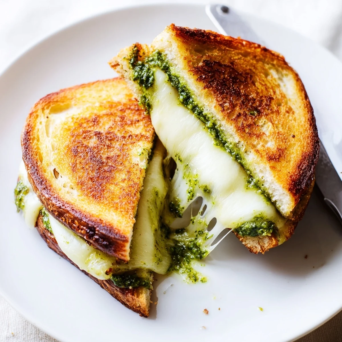 Hearty Sourdough Pesto Grilled Cheese sliced in half, steam rising, with tomato soup