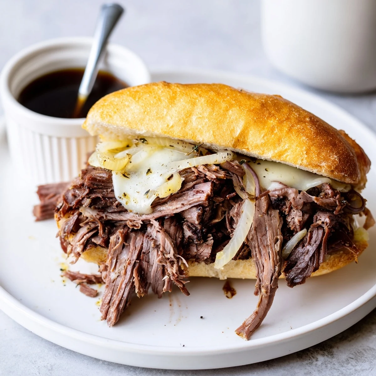 Slow simmered Crockpot French Dip Sandwiches on toasted rolls with buttery aroma