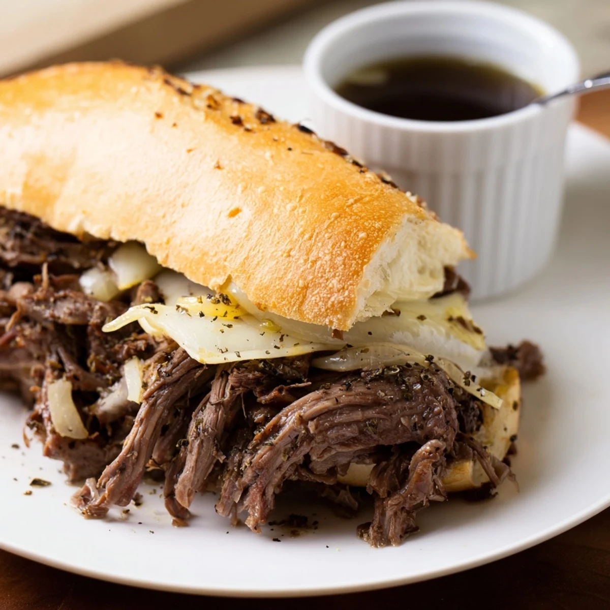 Family style Crockpot French Dip Sandwiches piled on crusty rolls, au jus steaming